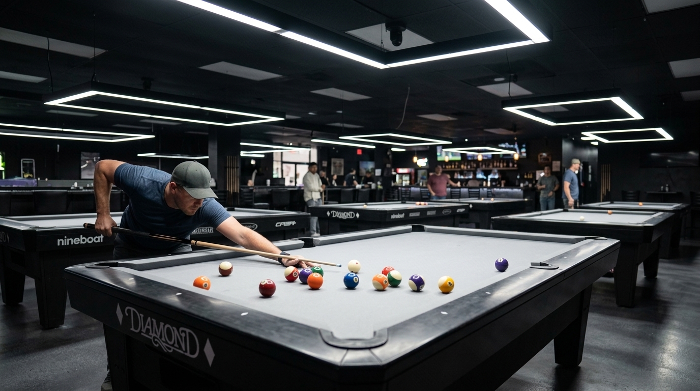 Live Pool Match Scene in Pool Hall
