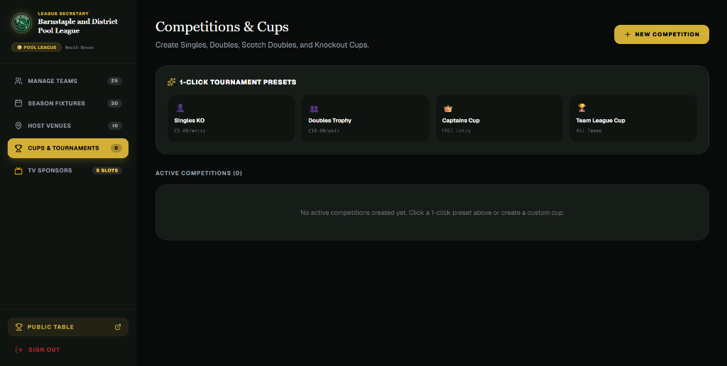 CueRank League Secretary - Competitions and Knockout Cups