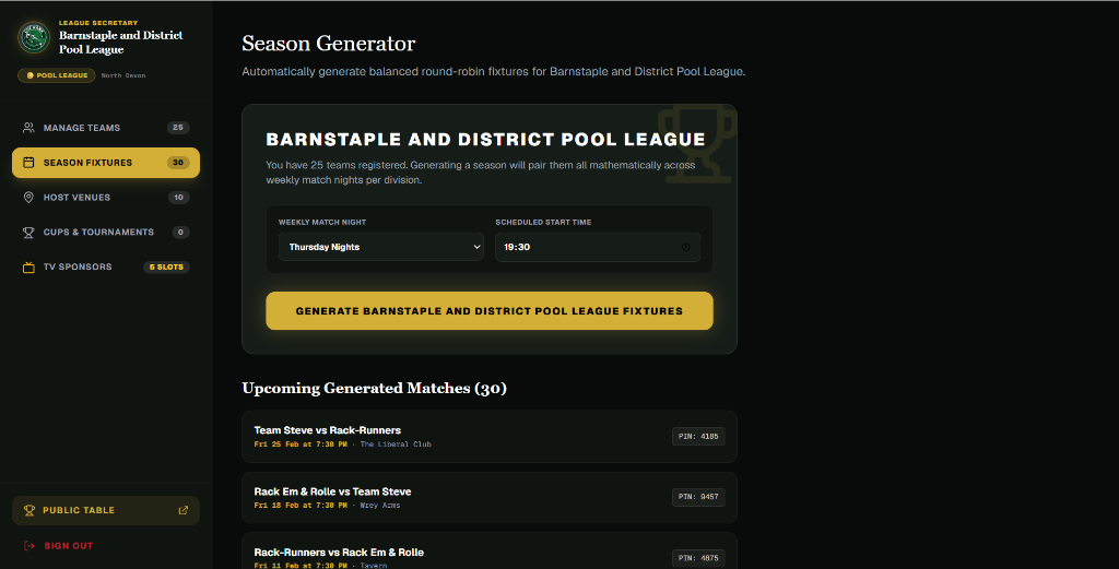 CueRank League Secretary - Automated Season Fixture Generator