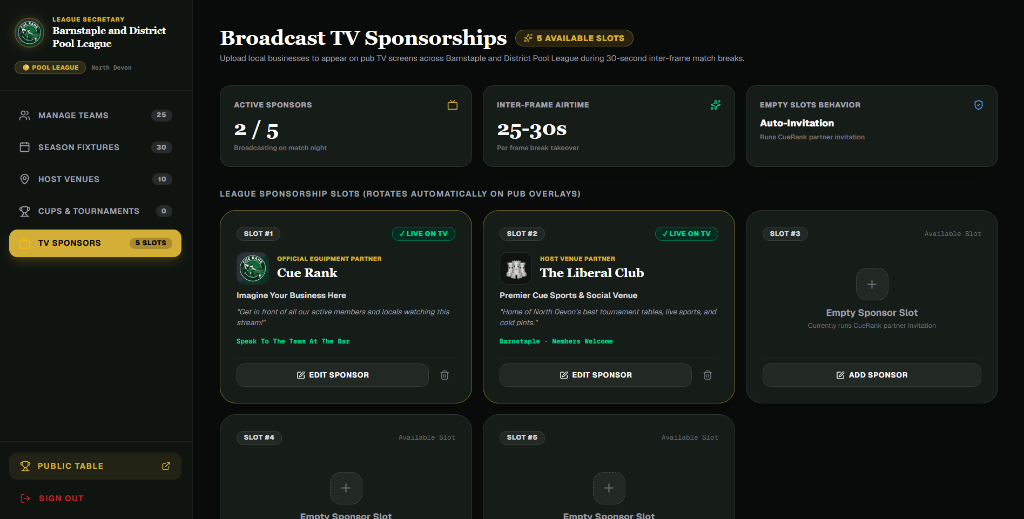 CueRank League Secretary - TV Broadcast Sponsorship Management
