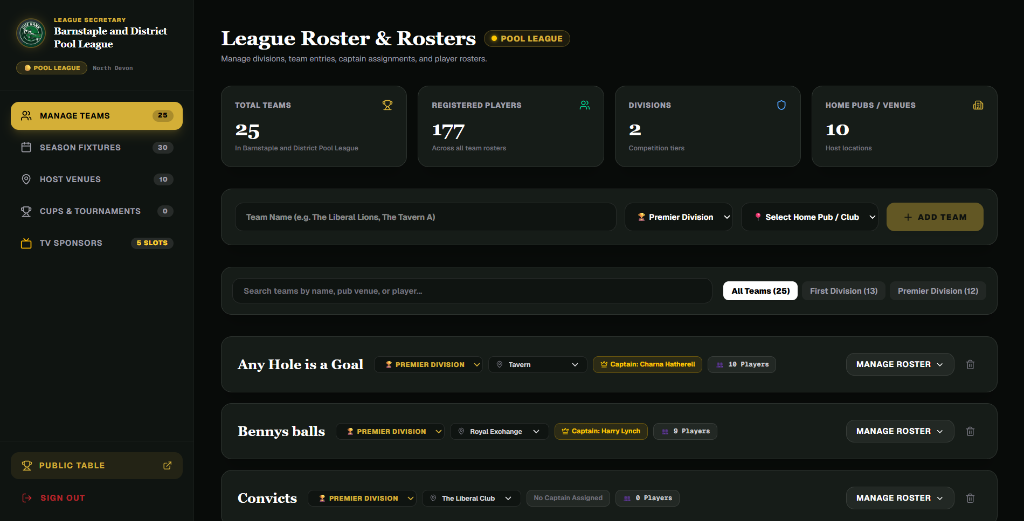 CueRank League Secretary - Manage Teams and Player Rosters